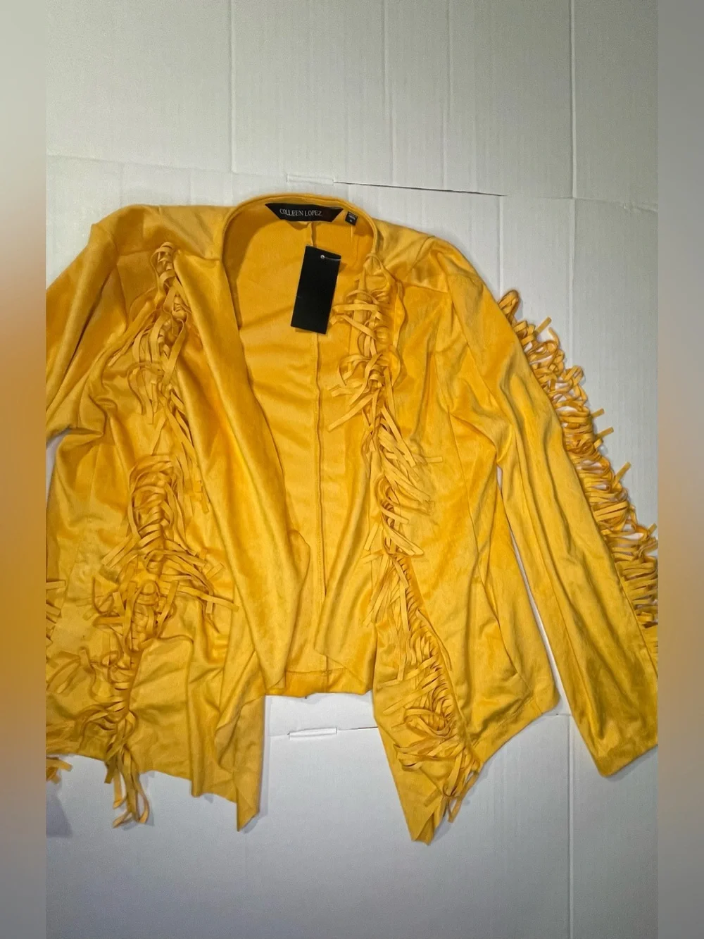 Colleen Lopez Golden Yellow Fringe Open-Front Cardigan